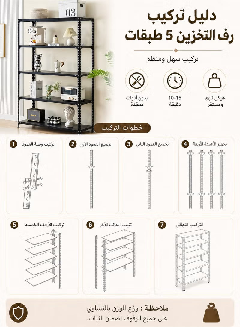5-Tier Heavy Duty Iron Storage Rack – Metal Shelving Unit for Garage, Kitchen & Office, 90×30×180cm